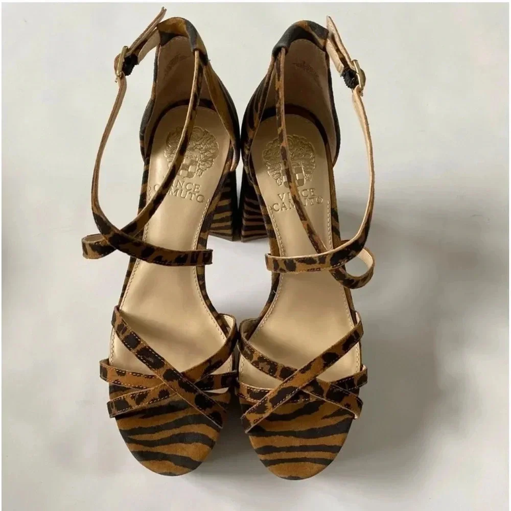 New Vince Camuto Garnitta Strappy Platform Sandals Size 7.5 Summer Natural zebra